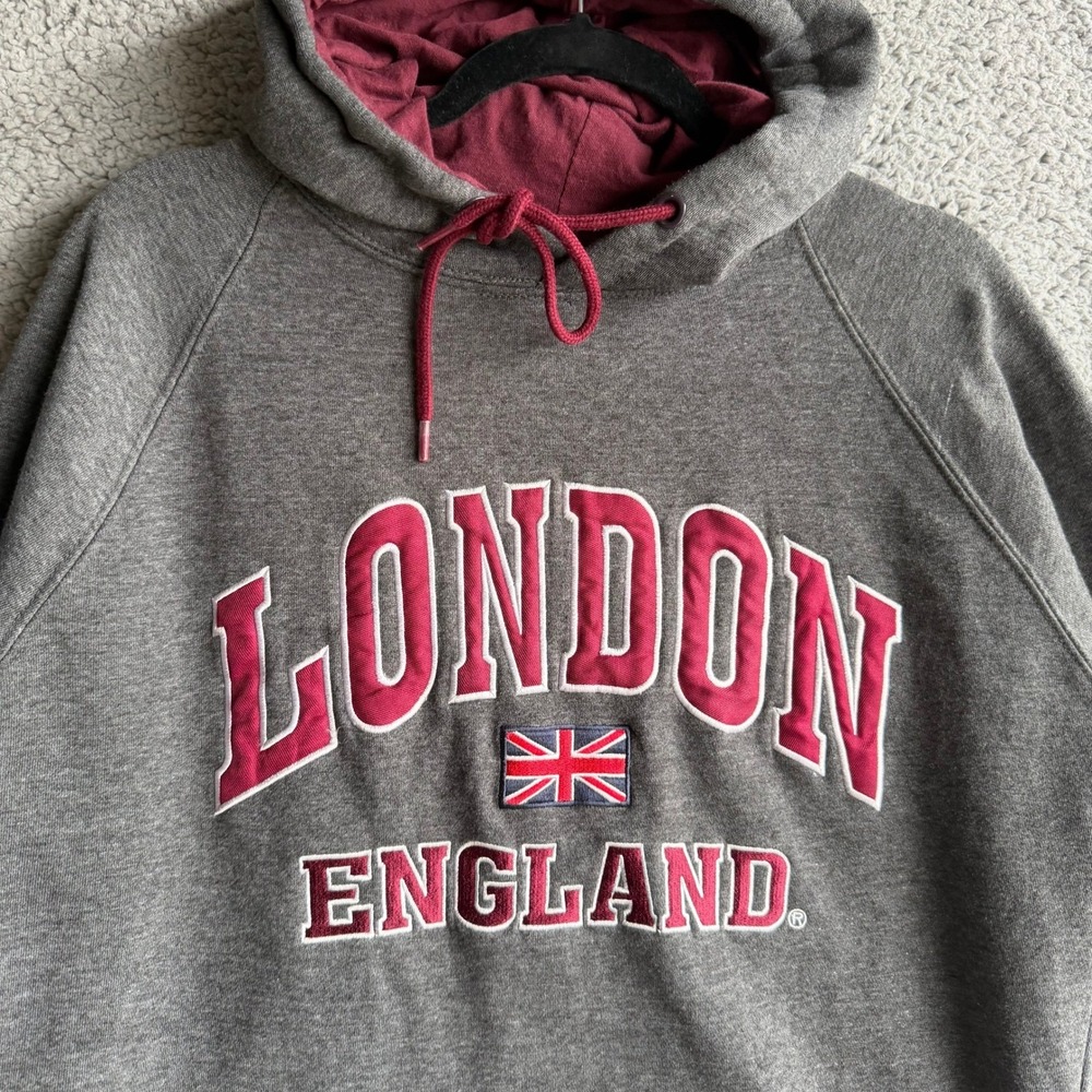 London England Union Jack Hoodie Mens Large Charcoal Grey Raglan Sweatshirt